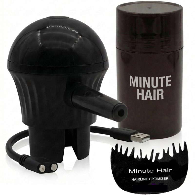 picture of rechargeable electric hair building fiber sprayer kit including sprayer top, shaker bottle, optimizer comb